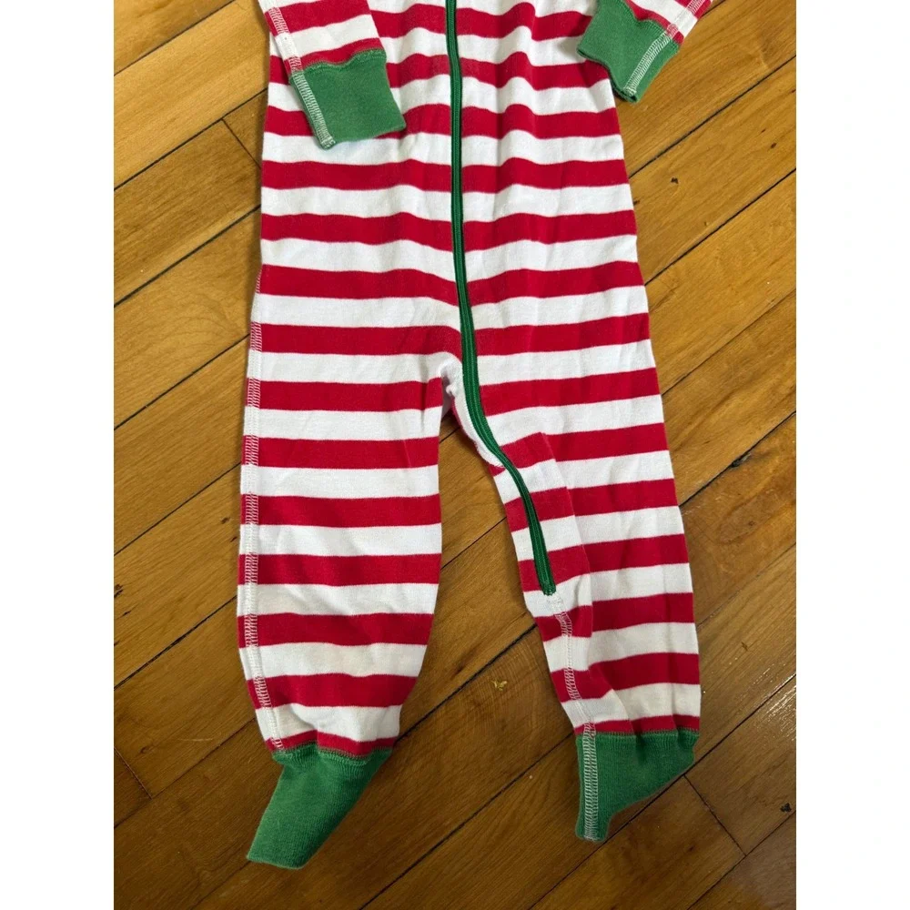 Hanna Andersson red and green striped Christmas infant pajama one piece zip up